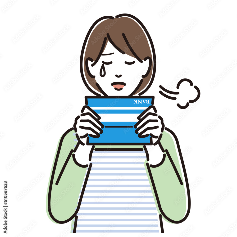 通帳を見てため息をつくエプロン姿の女性