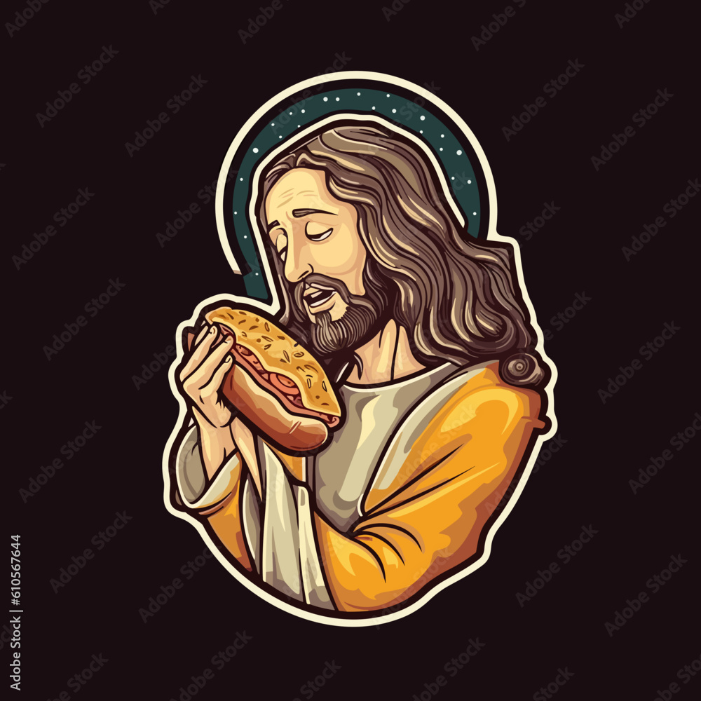 jesus with a sandwich sticker design - flat vector art jesus with a sandwich sticker design - flat vector art