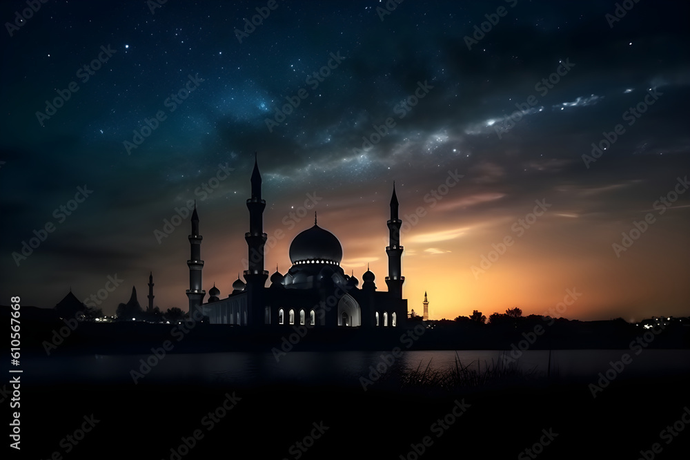 Mosque silhouette on night background and starry sky. Eid al adha. With Generative AI tehnology