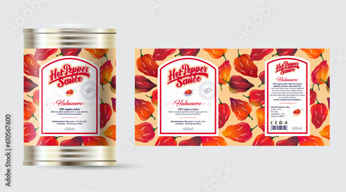 Pepper Sauce label and packaging. Tin can with label with seamless pattern from small hot habanero peppers.