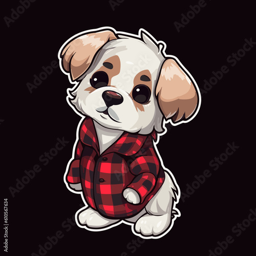 Cute little dog wearing a red flannel shirt - sticker design