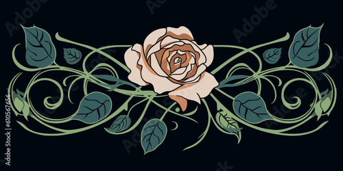 art nouveau rose on black background - flat vector art