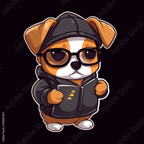 Cute little dog with glasses holding a book wearing a hoodie - sticker design