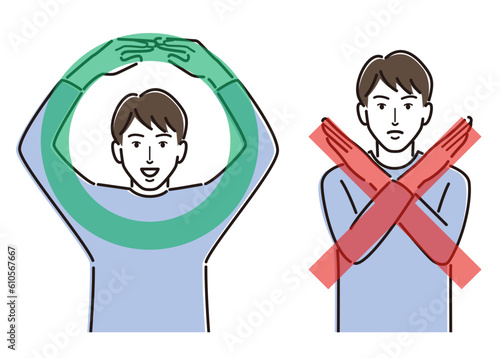 カジュアルな服装の男性のマルバツポーズ　セット