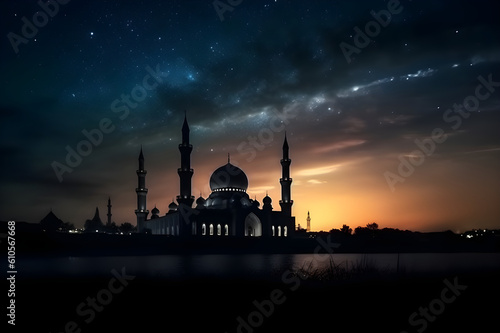 Mosque silhouette on night background and starry sky. Eid al adha. With Generative AI tehnology