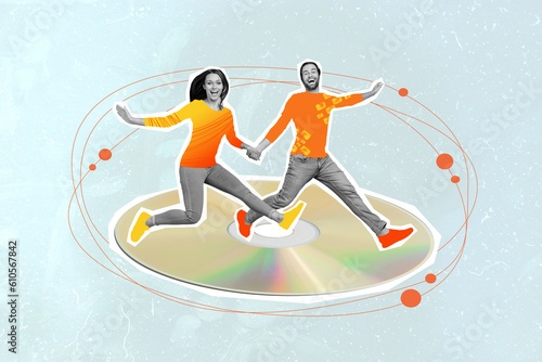 Collage picture of two excited mini partners hold arms jumping run big cd disc isolated on painted creative background