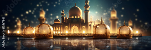 Postcard for the holiday Eid al adha. Mosques and minarets, lanterns on a dark background. With Generative AI tehnology