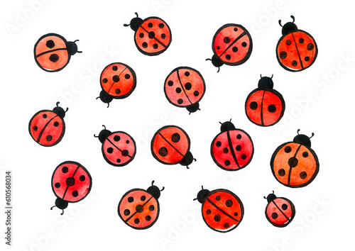 Pattern with insects - ladybug isolated on white background. Insects are red with a black outline and dots. Different sizes and with different number of dots. Watercolor blur, black outlines.