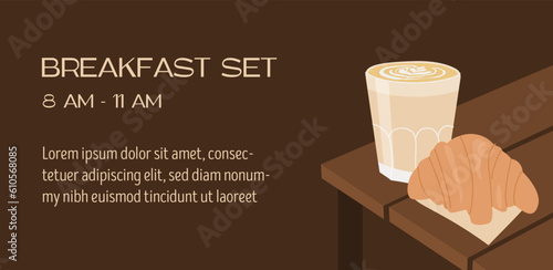Web banner template with latte cup and croissant. Cafe scene with specialty coffee on the table. Horizontal poster for french breakfast promo with freshly brewed drink and pastry. Vector illustration.
