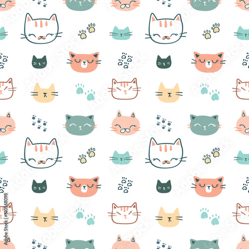 Seamless Pattern with Cartoon Cat Face and Paw Design on White Background