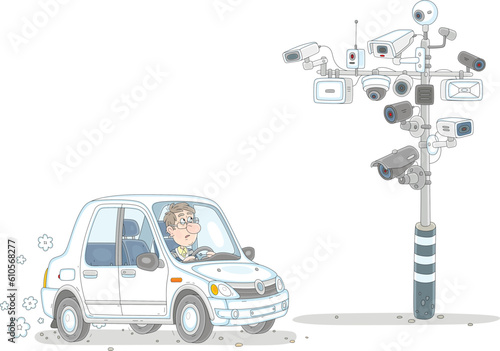 Frightened young man driving his car under observation of many surveillance cameras on a road pole, vector cartoon illustration isolated on a white background