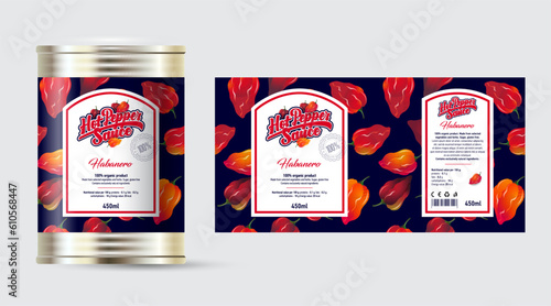 Pepper Sauce label and packaging. Tin can with label with seamless pattern from small hot habanero peppers.