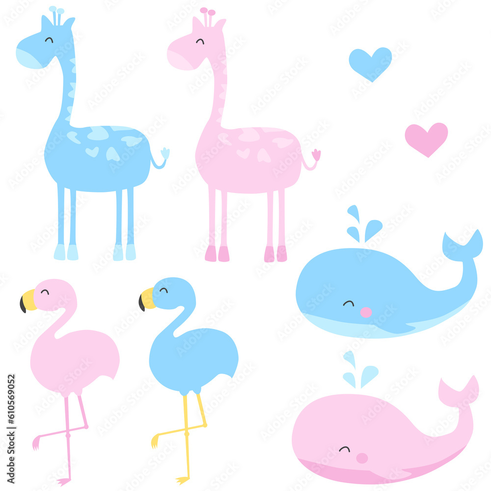 Fototapeta premium Gender reveal png set, whale, giraffe, flamingo, It's a boy girl babyshower blue pink baby drawing children