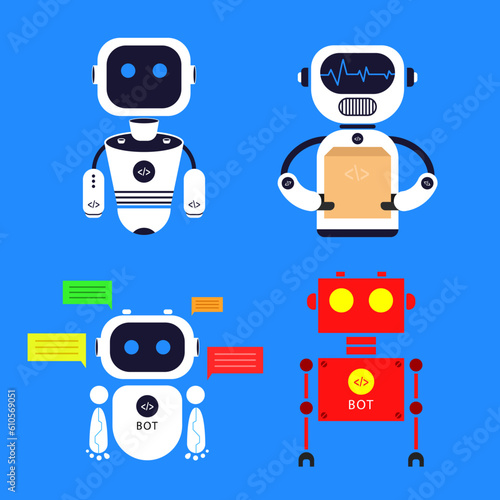 robot vector icon set. customer service robot avatar icon. tech bot icon. Artificial intelligence robots. robot signs and symbols for application user interface and design elements