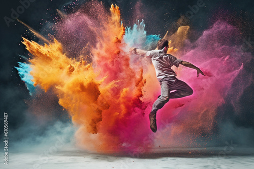 A high-speed photograph of a dancer leaping through a cloud of colorful powder, with the powdery particles creating Generative AI technology.