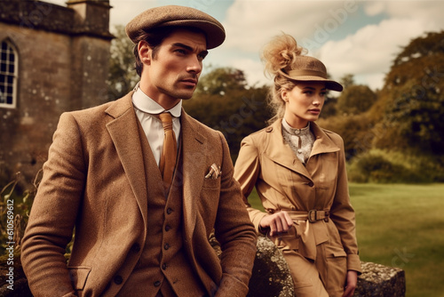 Outdoor models in cotswolds equestrian theme wearing tweed in countryside photo