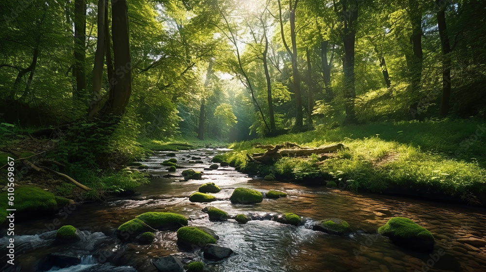 stream flowing through a lush green forest filled with trees. Generative Ai