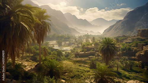 valley with palm trees in the foreground. Generative Ai