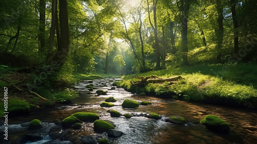 stream flowing through a lush green forest filled with trees. Generative Ai