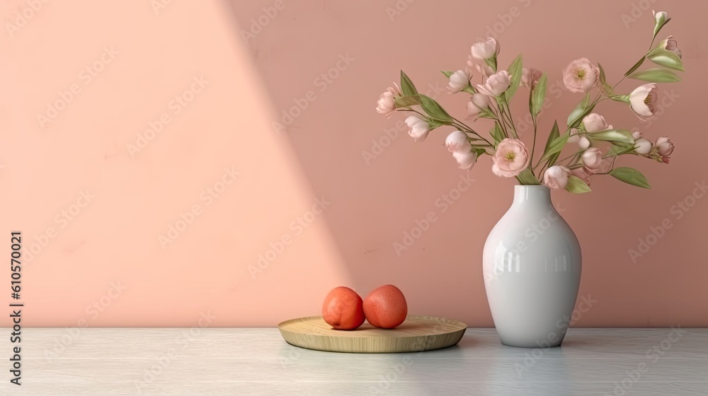 the peach wall has a blank backboard with eucalyptus in a vase on a cement table. Generative AI