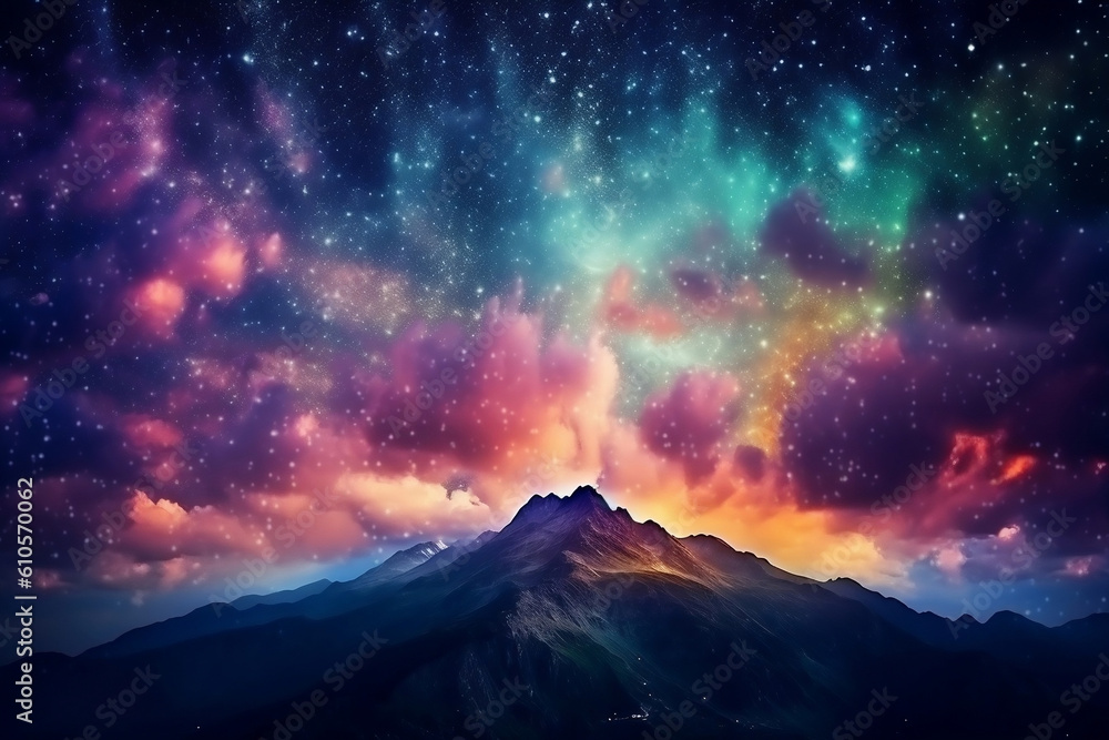bright burst of colorful lights shinning from the sky, night sky, starry sky, cloudy sky, mountains terrain, colorful dust of clouds. Generative Ai