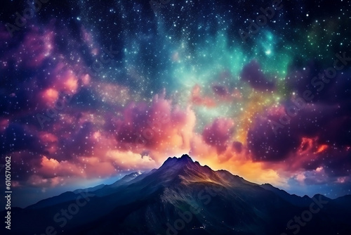 bright burst of colorful lights shinning from the sky, night sky, starry sky, cloudy sky, mountains terrain, colorful dust of clouds. Generative Ai