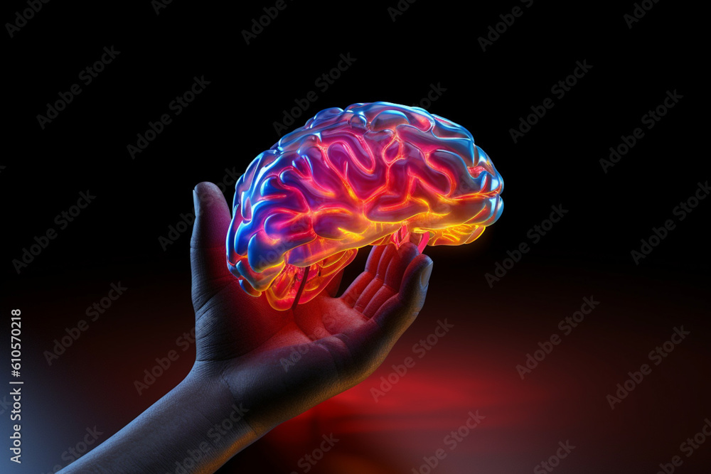 An artistic representation of a hand with a glowing brain in its palm ...
