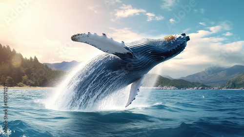 Humpback whale jumps out of the water. Beautiful jump. Generative Ai © Malika