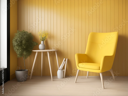 yellow armchair, wall paneled with wood, in a modern living room in a Scandinavian style. 3D rendering