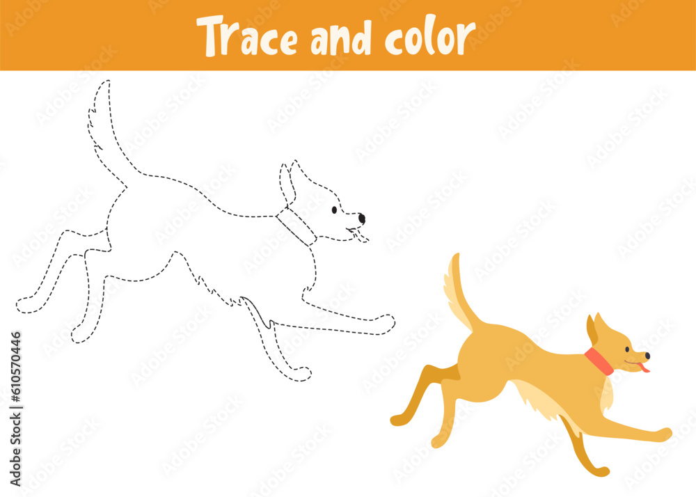 Trace and color cartoon vector dog. Educational coloring page. Handwriting practice for preschoolers.