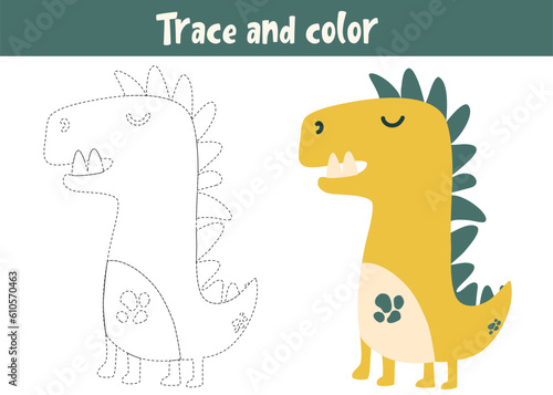 Trace and color cartoon vector dragon. Educational coloring page. Coloring book with cute dinosaur. Handwriting practice for preschoolers.