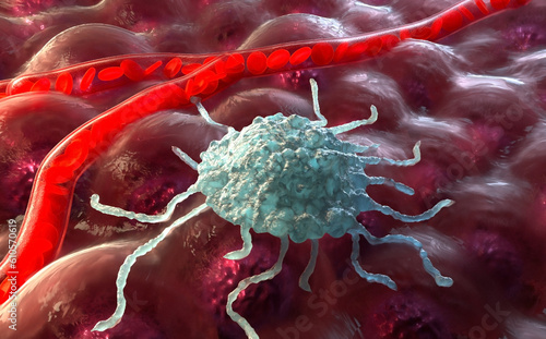 Tcell or Macrophage on cells and next to blood vessels, 3d rendering photo