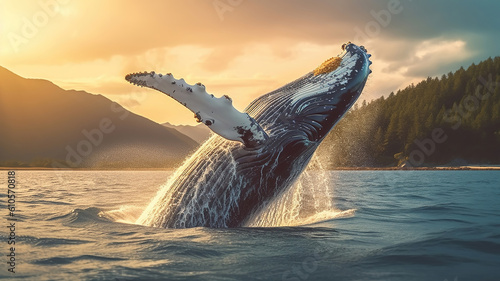 Humpback whale jumps out of the water. Beautiful jump. Generative Ai © Malika