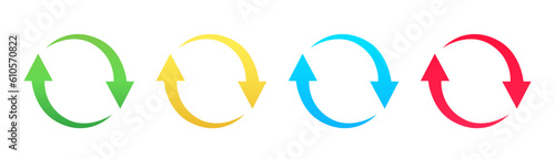 Set of colorful refresh icons. Colored refresh ccw gradient, yellow, red, blue, green icon variants. Flat icon style for graphic design. Vector illustration