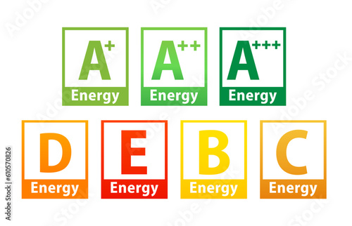 Energy efficient house concept with classification graph sign. Certificate of energy efficiency. Energy consumption estimation graph. Energy Efficiency rating. Vector illustration