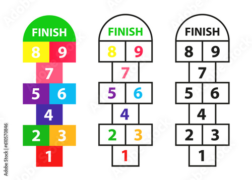 Hopscotch. Children's game 'classes' colored with numbers. Playground with numbers. Drawn in colored chalk. Vector illustration