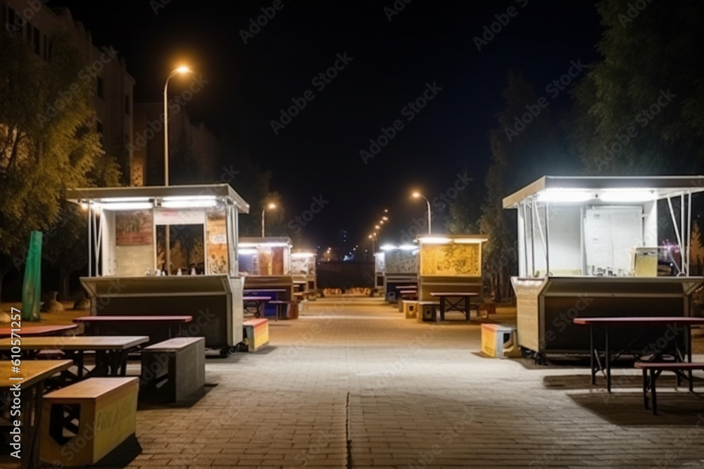 Empty small Street Food Track with an illumination standing in the deserted night park, Near food trailer are folding tables and chairs