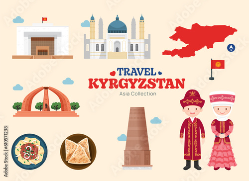 Travel Kyrgyzstan flat icons set. Kyrgyz element icon map and landmarks symbols and objects collection. Vector Illustration