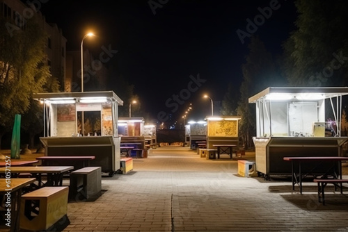 Empty small Street Food Track with an illumination standing in the deserted night park  Near food trailer are folding tables and chairs
