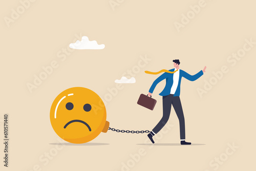 Stressed burden, anxiety or negative thinking, anger or emotional causing problem, mental health or depression, overworked or overwhelmed concept, depressed businessman chain with sad face burden.