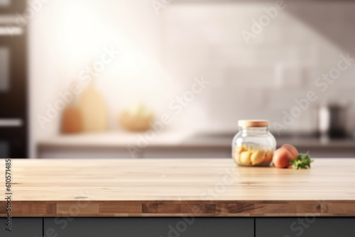 Empty wooden tabletop over defocused kitchen background with copy space