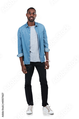 Young black man, full body portrait and standing ready isolated on a transparent png background. African male person, happy and positive mindset or attitude with confidence in casual style clothing photo