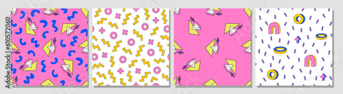 Set of modern geometric patterns. Abstract playful geometry. 80s, 90s vibes. Memphis. Retro nostalgia. Digital paper, background.