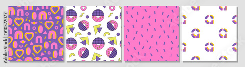Set of modern geometric seamless patterns. Abstract playful geometry. 80s, 90s vibes. Memphis. Retro nostalgia. Digital paper, background.