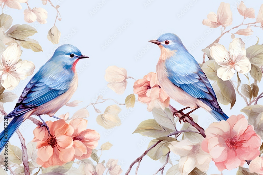 Pair of blue birds in spring nature. Pastel color style in blue tones - Generative AI