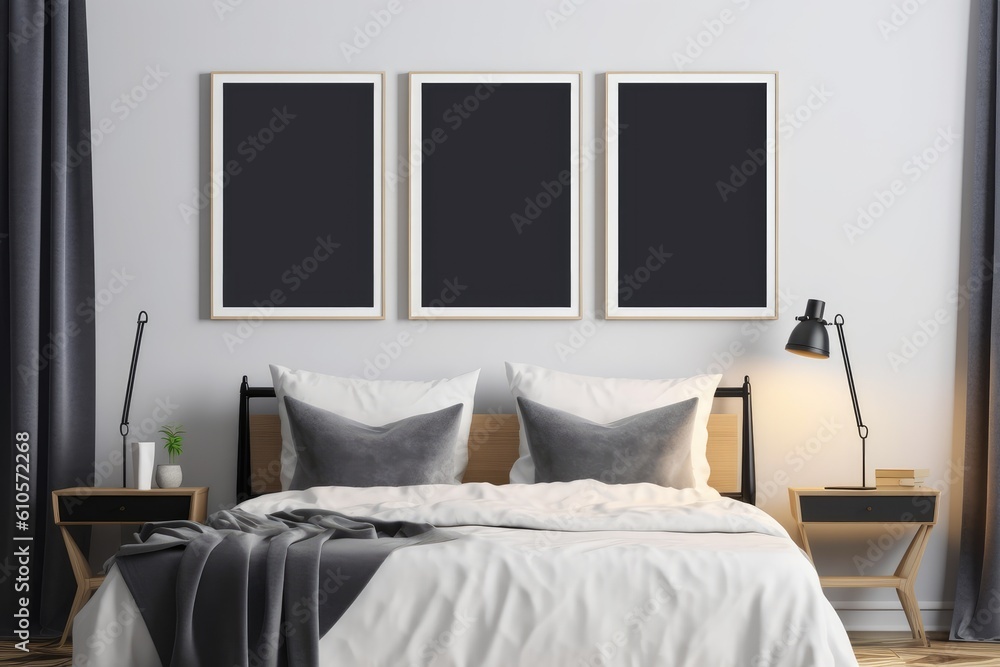 Mockup three poster frame in bedroom. Generative AI Mockup three poster frame in bedroom. Generative AI