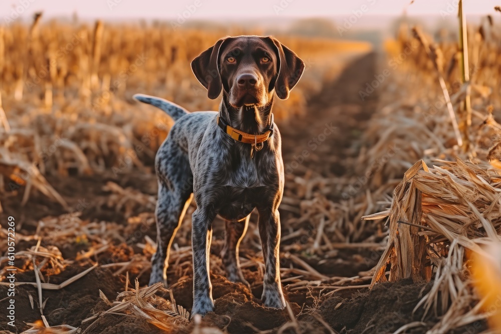 German shorthaired pointer. Hunting dog in the field. Generative AI