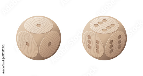 Fotografie 2 lucky and unlucky wooden game dice with round corners and wooden texture