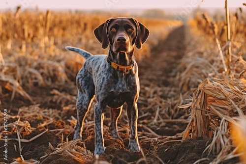 German shorthaired pointer. Hunting dog in the field. Generative AI