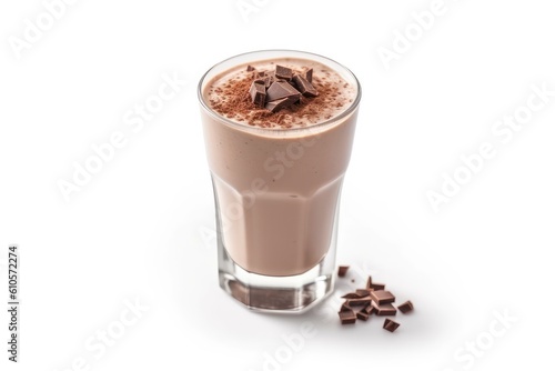 Chocolate milkshake or smoothie with pieces of chocolate on a white background. Generative AI